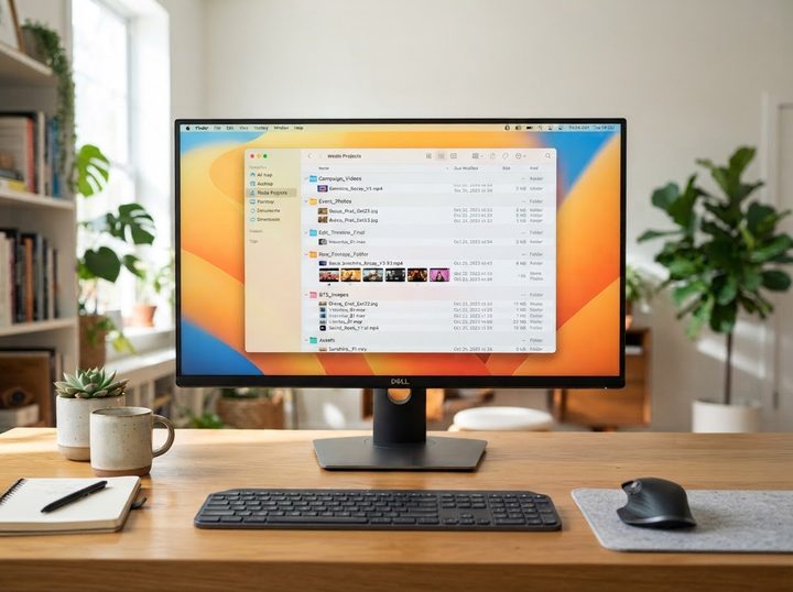 A monitor showing a folder list of video and photo files
