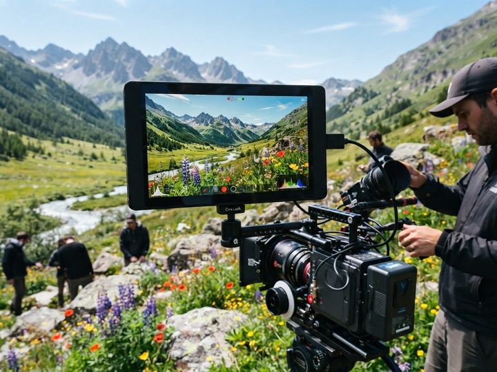 A camera monitor framing a mountain valley at dusk