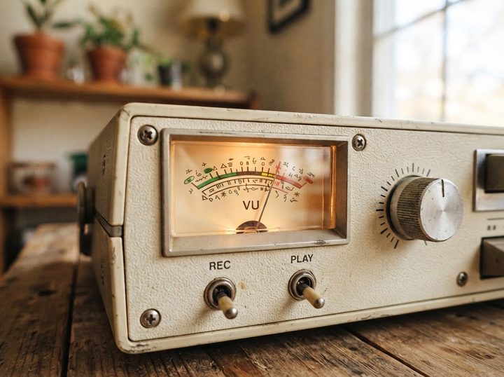 A vintage audio level meter, needle mid-swing