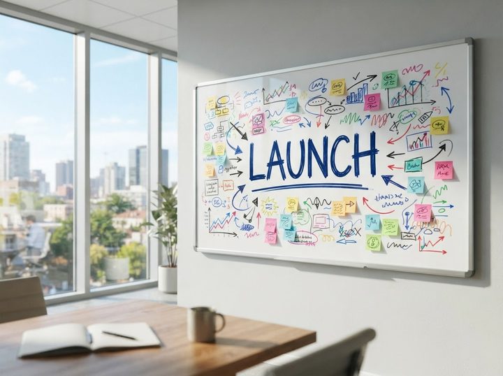 A whiteboard with the word LAUNCH among colorful diagrams